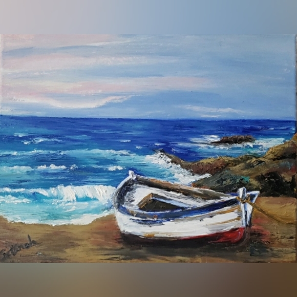 Boat and sea oil painting by me💙 - Picture 1 of 3